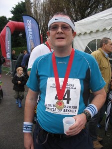 Adam at the end of the Bexhill half marathon